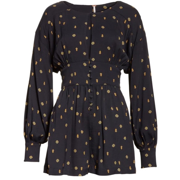 FREE PEOPLE Love Grows Romper Print Long Sleeve Leggy Short, Black Combo, XS - Picture 7 of 10